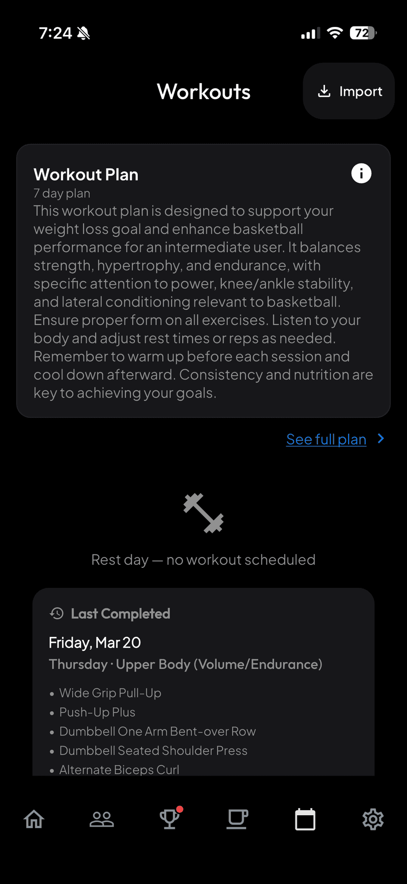 Patient workout program overview