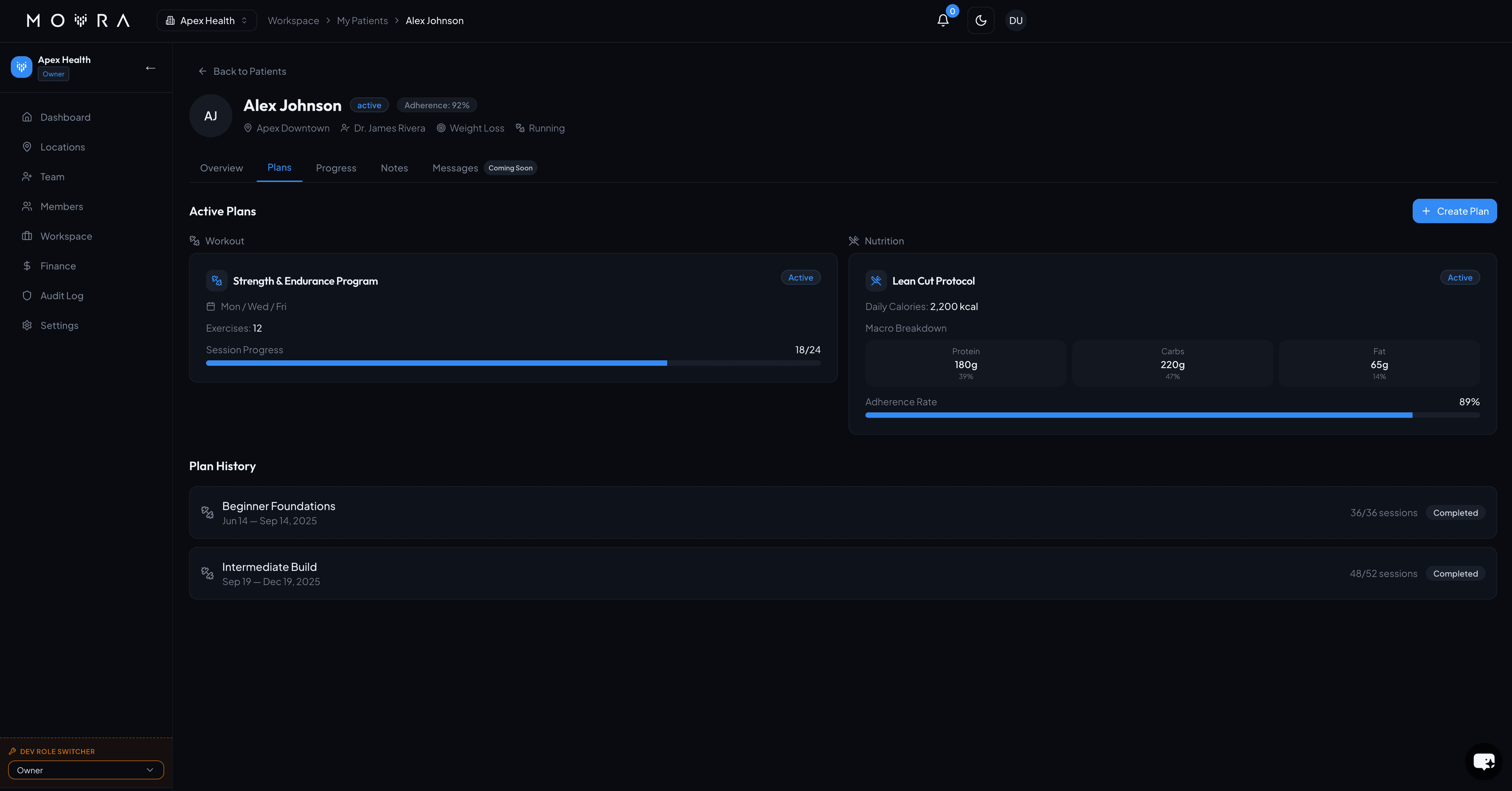 Movra dashboard program builder and patient assignment screen