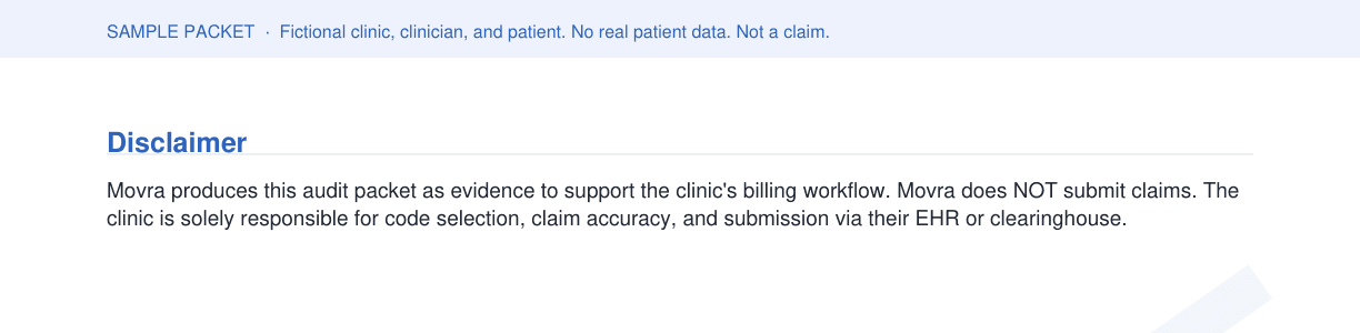 Page 4: the disclaimer that Movra does not submit claims; the clinic does