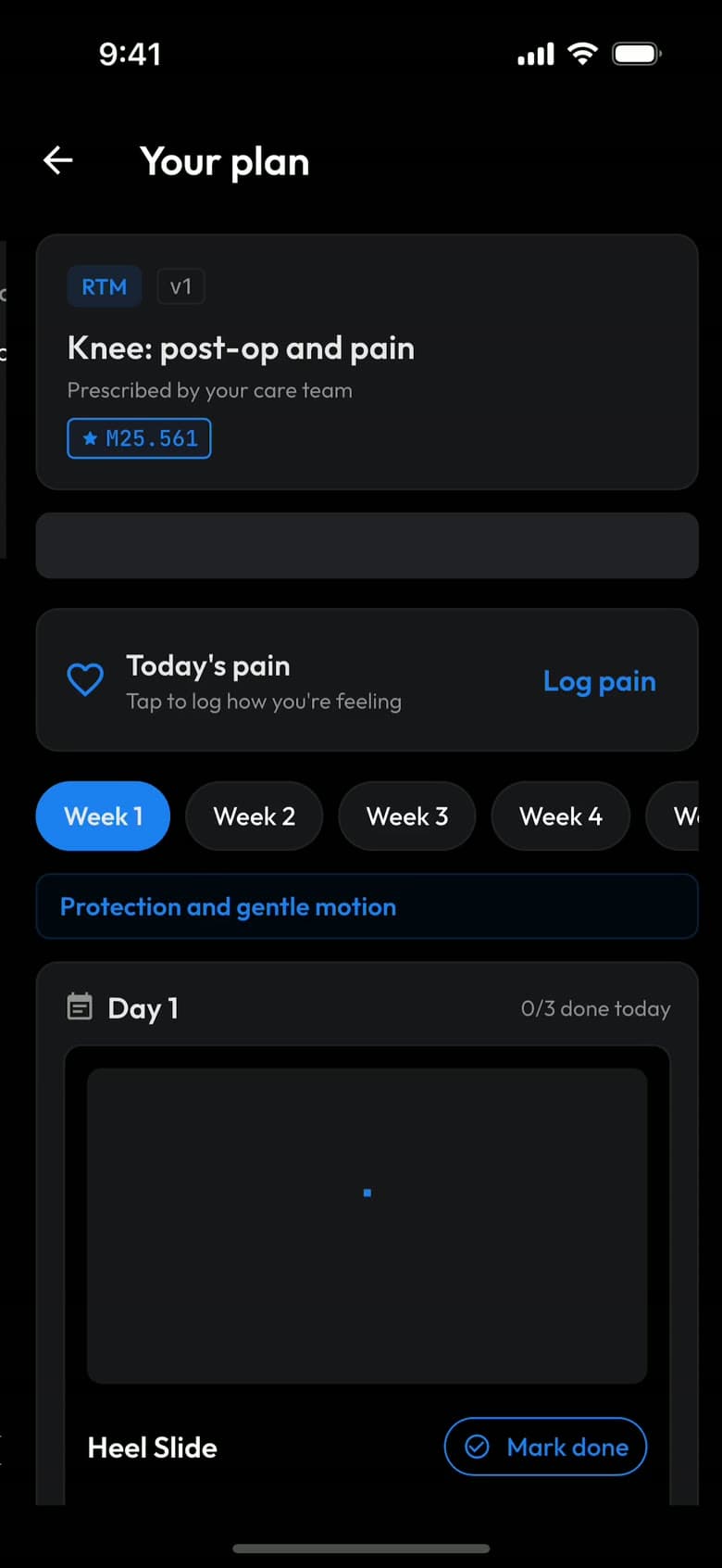 Your plan: today's pain log, the week selector, and the day's exercises